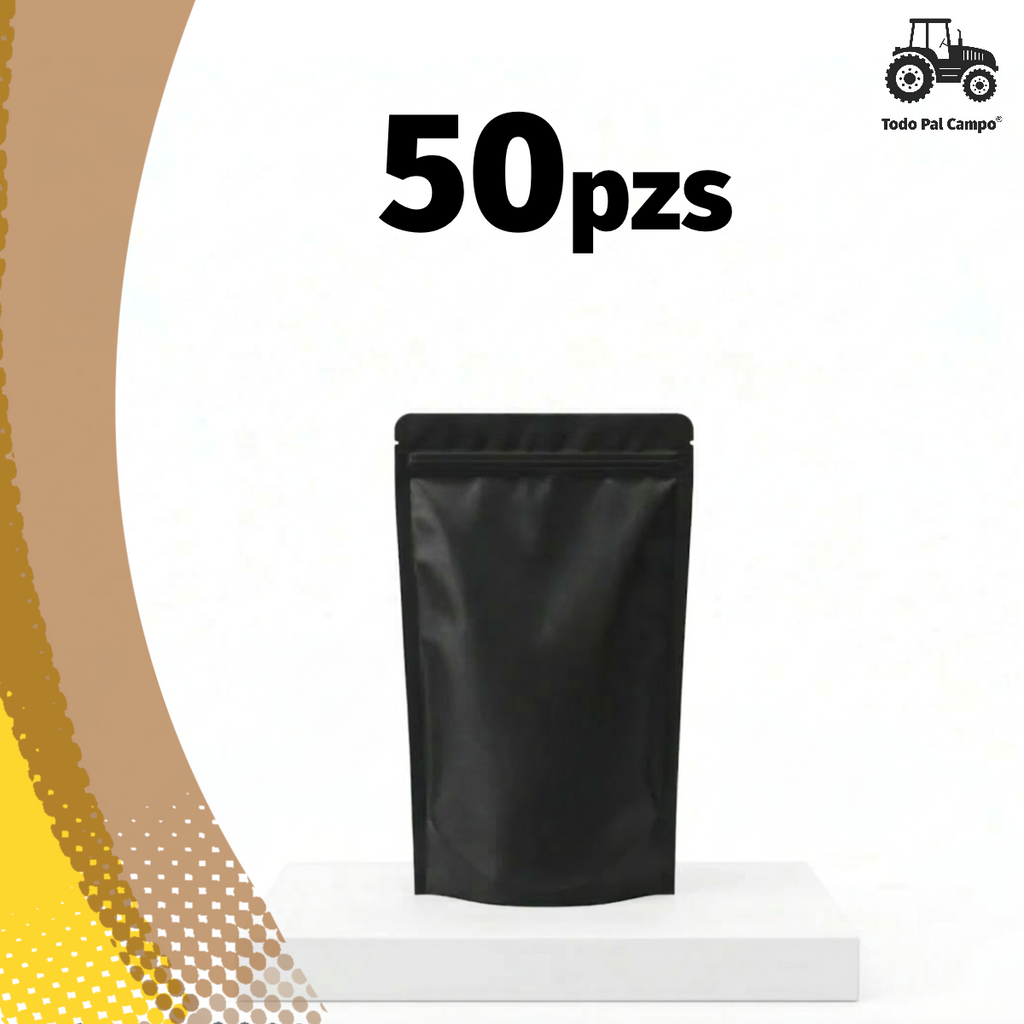 50 Pzas Bolsa Stand Up Pouch Negra Mate 150g Trilaminada