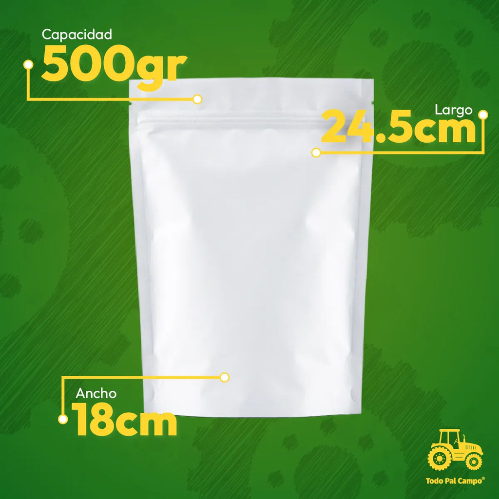 Bolsa Stand Up Pouch Blanca Trilaminada 500gr
