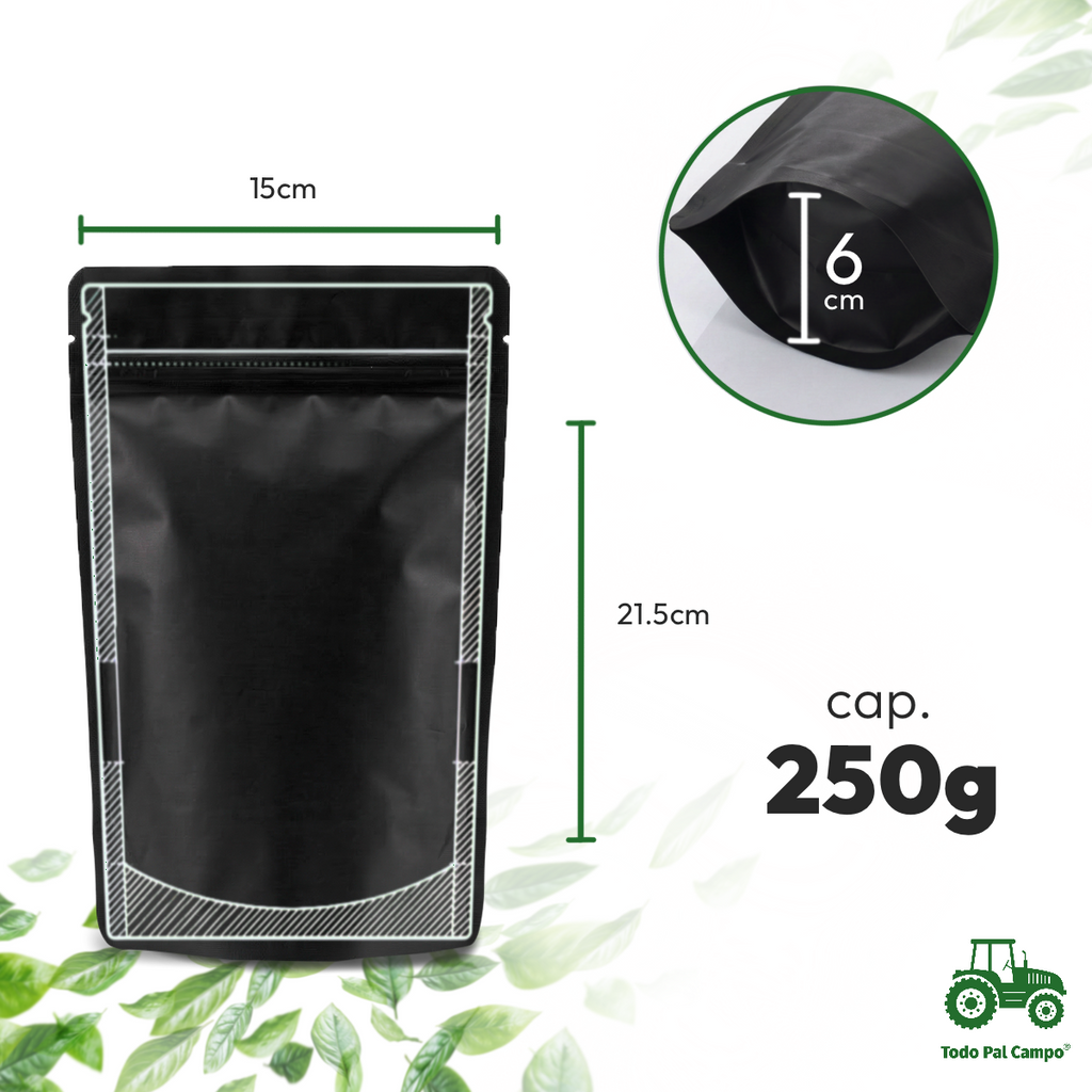 50 Pzas Bolsa Stand Up Pouch Negra Mate 150g Trilaminada